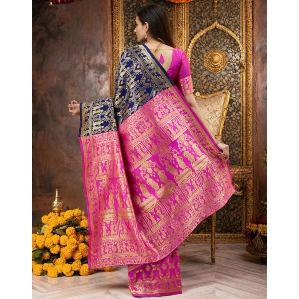 Generic Women's Silk Blend Zari Weaving Saree With Unstitched Blouse 5.5Mtr (Navy) - MYLUXURY LANE ENTERPRISE